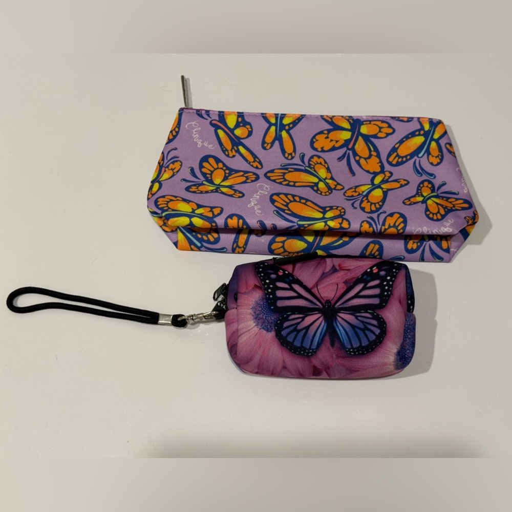 Clinique Purple Butterfly Cosmetic Bag & Aupet Dog Bag Holder/Wristlet